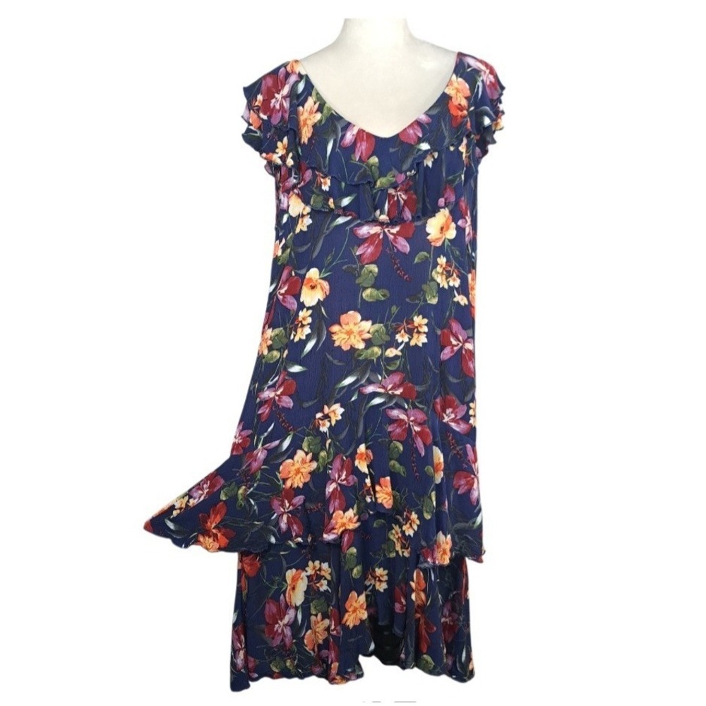 Bluheaven Dress Size XL‎ Navy Blue Floral High Low Ruffle Rayon Boho Flowy